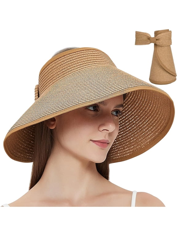 Foldable Straw Sun Visors for Women, Sun Protecetion Wide Brim Sun Hats Adjustable Topless Beach Hat
