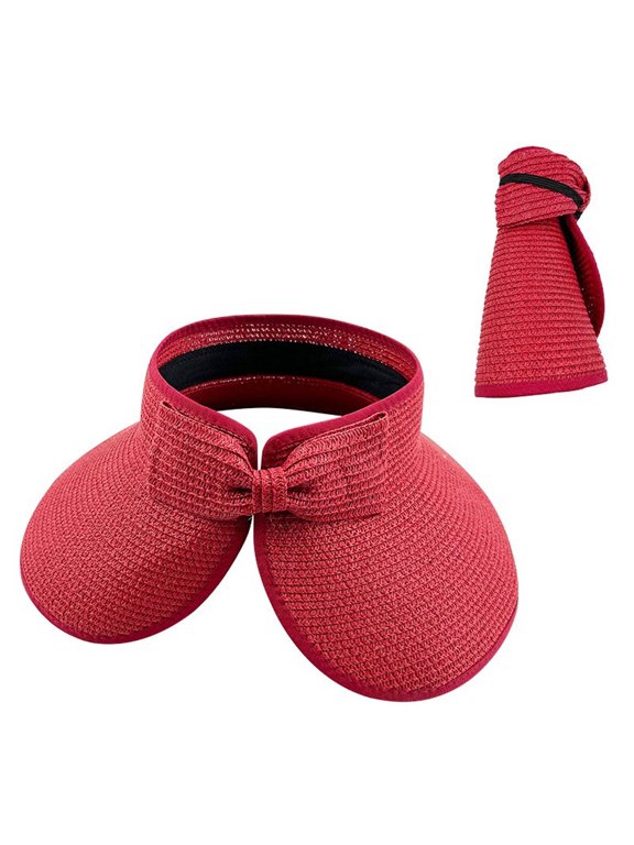 Foldable Straw Visor Hat for Women, UPF50+ UV Protection Sun Hat with Bow Decor Breathable Roll-Up Cap for Beach Travel Outdoor Daily Wear