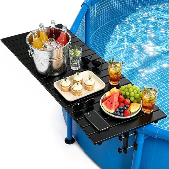 Foldable Swim Up Pool Bar Table for Above Ground Pools, 44''x16'' Heavy Duty Rustproof Metal Pool Side Table Fits Round Oval Rectangular Frame Pools, Outdoor Patio Drink Snack Side Table