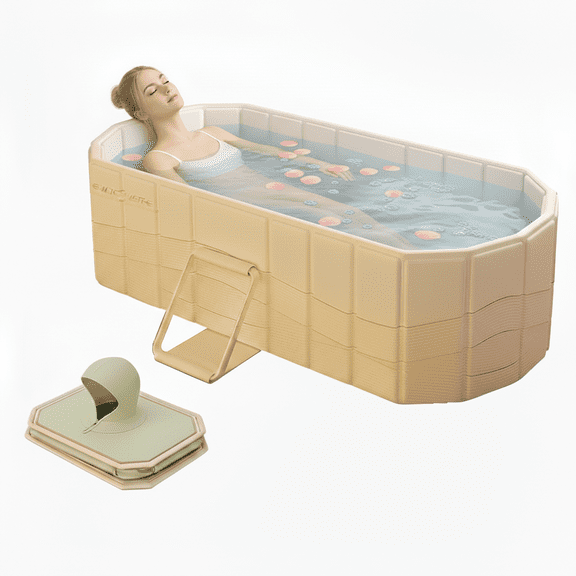 HENG Co. 47" Foldable Bathtub, Compact, Portable Soaking Tub for Hot/Cold Baths, Ideal for Small Spaces, Yellow with Lid