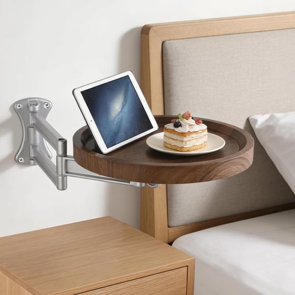 Foldable Swing Arm Wall Mount Bedside Shelf, Round Wooden Floating Tray Adjustable Space Saving Side Table for Bedroom Study Living Room(Walnut color)