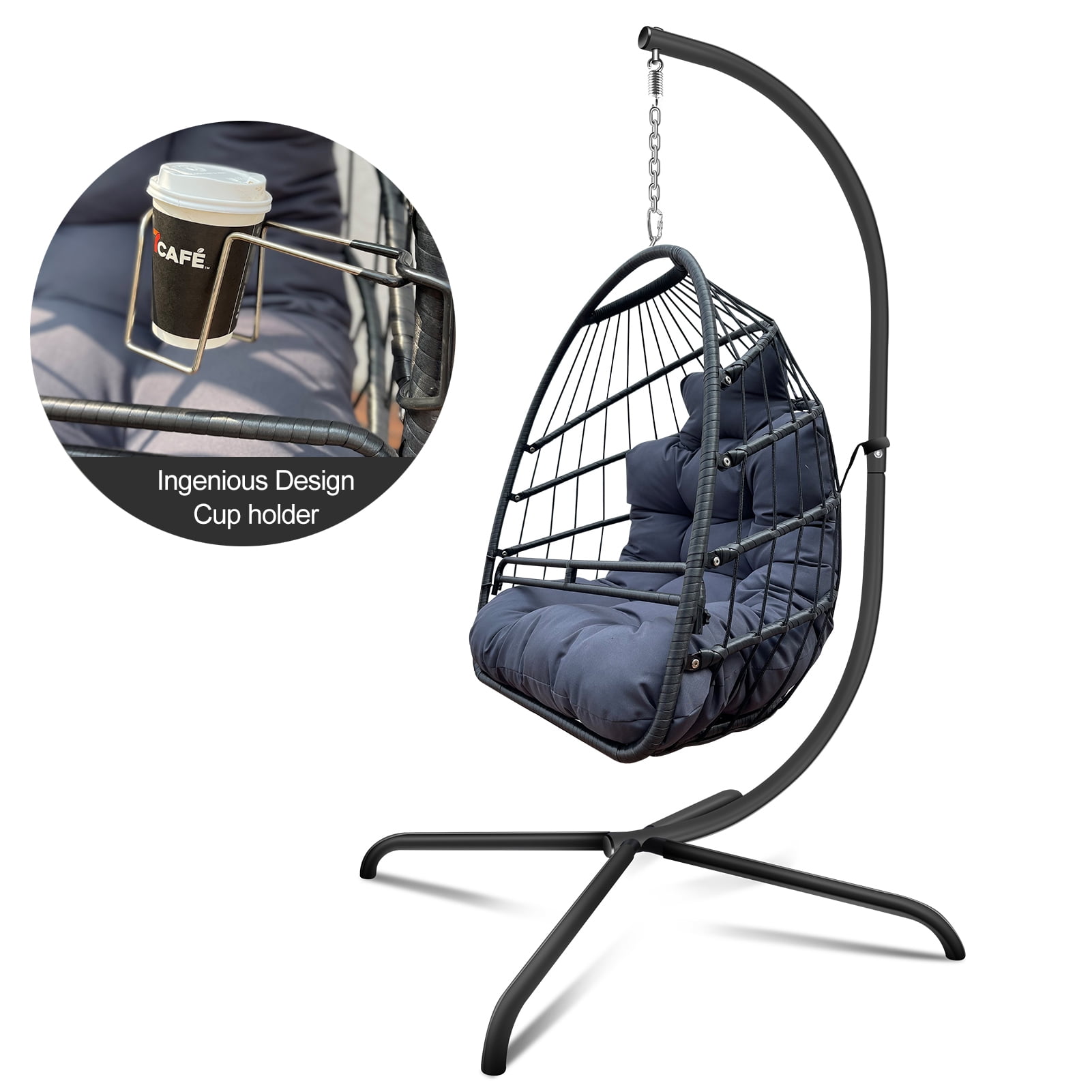 Foldable Swing Egg Chair with Stand Indoor Outdoor Wicker Rattan Patio Basket Hanging Foldable with Cushion Pillow and C Type Bracket for Kids Adult 350lbs Capaticy Black Walmart