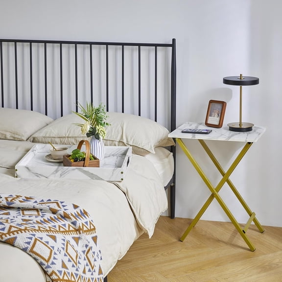 Foldable TV Tray Set of 2 with Removable Serving Tray, Portable Wooden Snack Table for Living Room Bedroom Office Camping