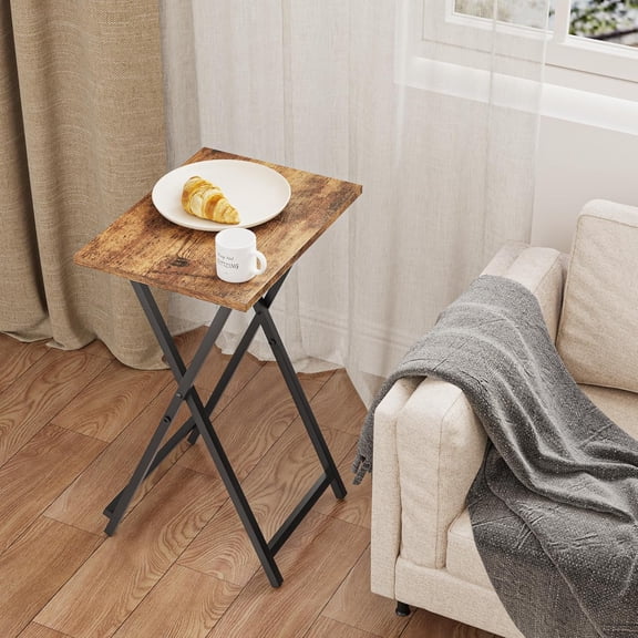 Foldable TV Trays Set of 2, Small Folding Table for Bed Couch, Portable Side Table with Sturdy Metal Frame and Rustic Brown Finish