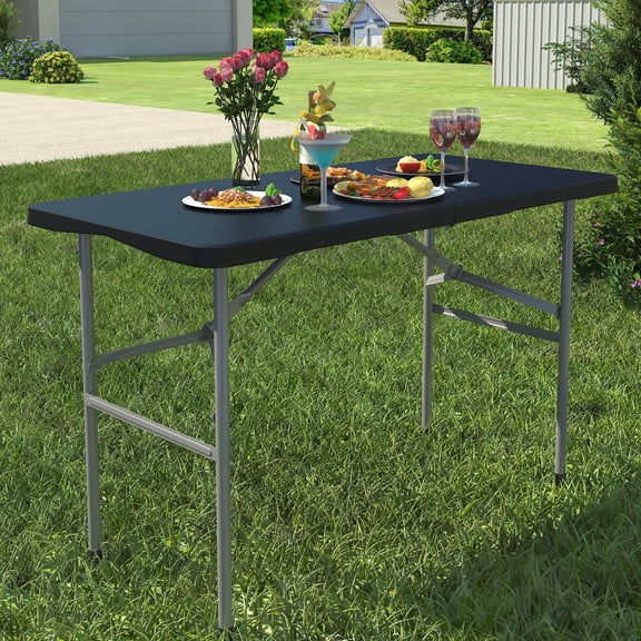 Foldable Table 4ft, Plastic Folding Table, Portable Heavy Duty Dining Tables with Lock Function & Carrying Handle, Outdoor Indoor Foldable White Tables for Camping Party Picnic, Black