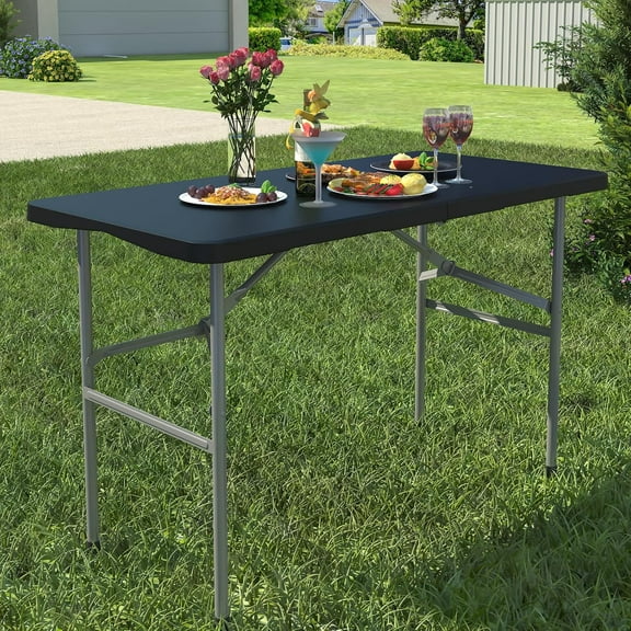 Foldable Table 4ft, Plastic Folding Table, Portable Heavy Duty Dining Tables with Lock Function & Carrying Handle, Outdoor Indoor Foldable White Tables for Camping Party Picnic, Black