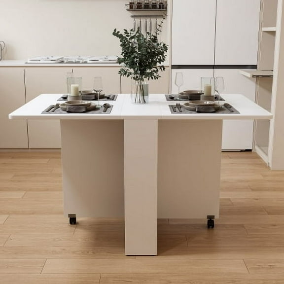 Foldable Table 51 inch White Folding Desk with Wheels Multi-Functional Portable Dining Table for Small Spaces Home Kitchen Office, White