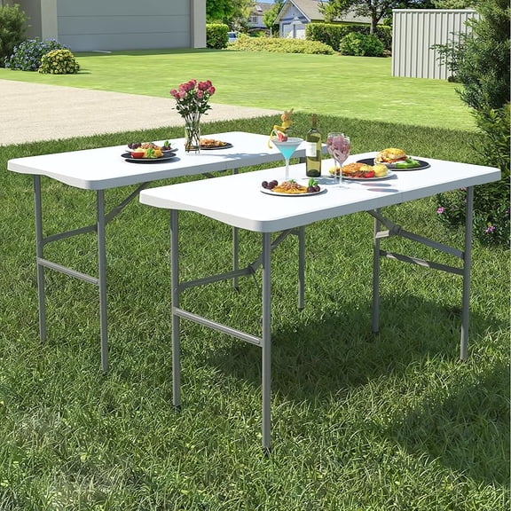 Foldable Table 6ft, Plastic Folding Table, Portable Heavy Duty Dining Table with Lock Function & Carrying Handle, Outdoor Indoor Foldable White Table for Camping Party Picnic