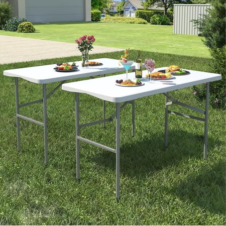 Foldable Table 8ft, Plastic Folding Table, Portable Heavy Duty Dining Tables with Lock Function & Carrying Handle, Outdoor Indoor Foldable White Tables for Camping Party Picnic, White