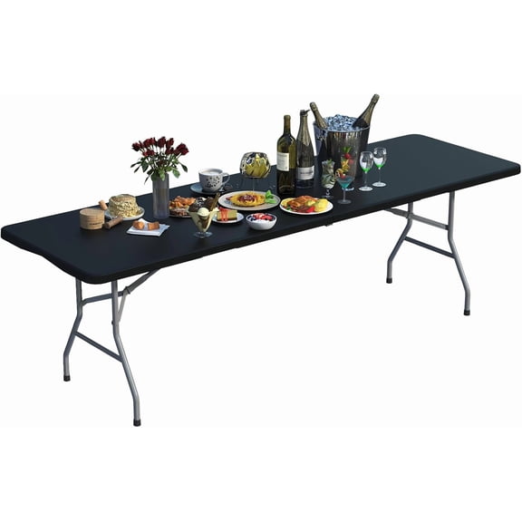 Foldable Table 8ft, Plastic Folding Table, Portable Heavy Duty Dining Tables with Lock Function & Carrying Handle, Outdoor Indoor Foldable White Tables for Camping Party Picnic, Black