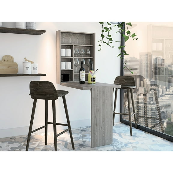 Foldable Table With Base And Shelves In Gray - 31.4" H X 23.6" W Wall Mounted, 30" 12.3" D Unfolded, 7-shelf , Modern Style For Primary Living Space, Extra Storage Kitchen & Dining Space Saving