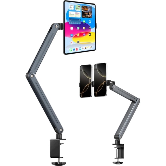 Foldable Tablet Stand for Desk and Bed, Aluminum Alloy Arm Mount 360 Adjustable Phone Holder Compatible with iPad Pro Air 13/12.9/11 Mini, for Samsung Galaxy, Phone, Tablet