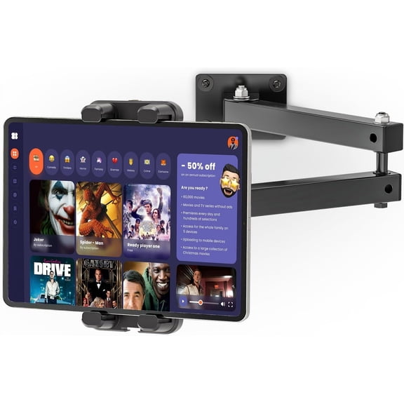 Foldable Tablet Wall Mount, Sturdy Metal Base, 360 Rotation Tablet Holder Stand with 2-Stage Extendable Arm, Kitchen Wall Mount Bracket Holder for All 4.7-12.9 Inch Tablets