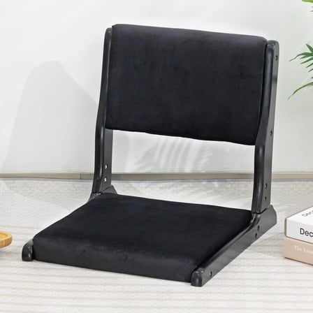Foldable Tatami Chair, Upholstered Japanese Style Floor Seat, Wood Legless Back Rest With Cushion, Accent Meditation for Bay Window, Living Room, Bedroom, Black