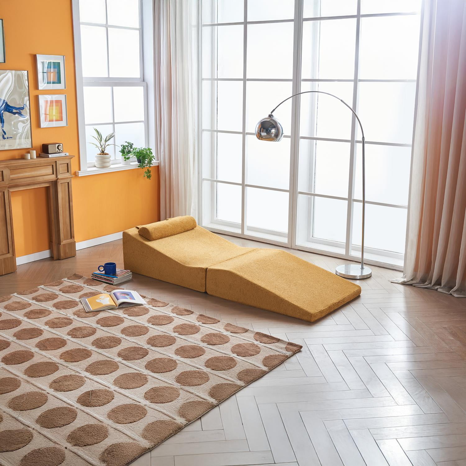 Foldable Tatami Lounger Sofa Bed, High-Density Sponge, Velvet Upholstery, Yellow, 80.31 Inch Length, Portable Design, No Assembly Required for Living Room Bedroom Balcony Office