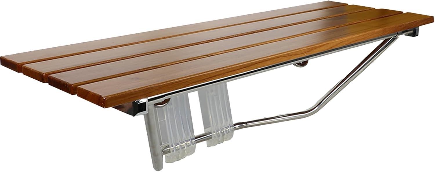 Foldable 21.5" Teak Wood Shower Seat Bench With Supporting Legs, 400lb Capacity, Clear Coated For Extra Protection, Folding Wall Mount Modern Chrome, Sturdy Medical Fold Up Bathroom Stool Chair - View #12