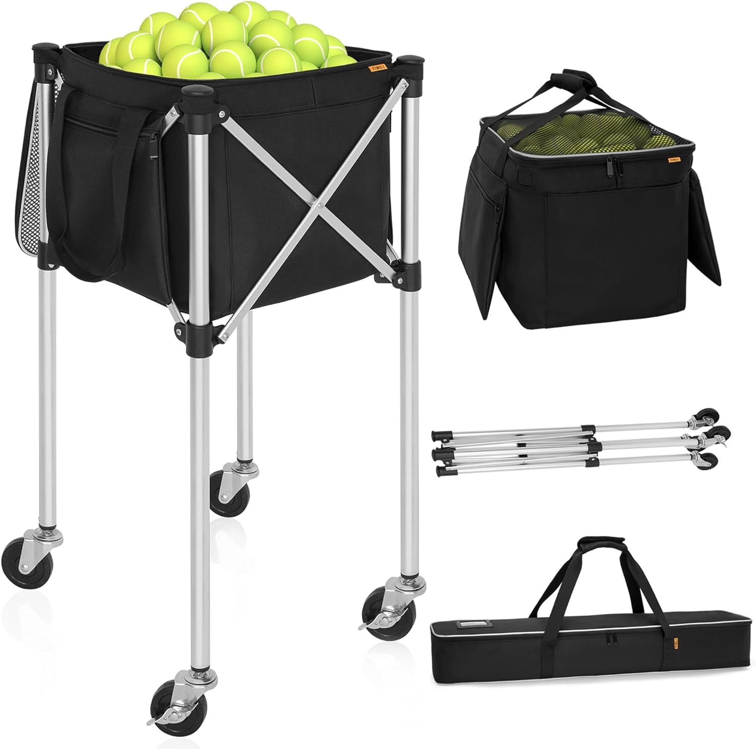Foldable Tennis Ball Hopper Basket Cart Holds 180 Balls Wheeled