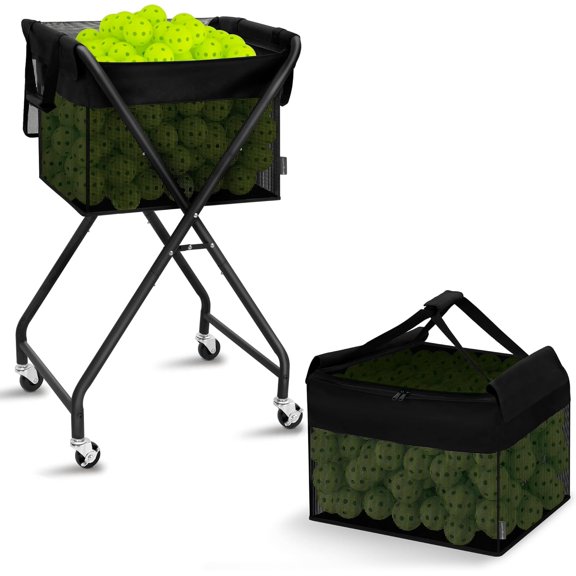 Foldable Tennis Ball Hopper and Pickleball Bag with Wheels Holds 150 Pickleballs or 180 Tennis Balls Portable Training Cart