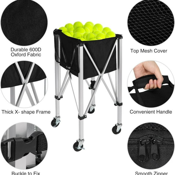 Foldable Tennis Ball Hopper with Wheels, Lightweight Cart with Carry Bag for Easy Transport