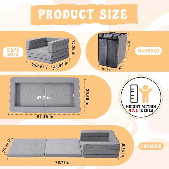 Foldable Toddler Couch 3-in-1 Sofa Bed with Waterproof Carry Bag for Indoor Outdoor Use