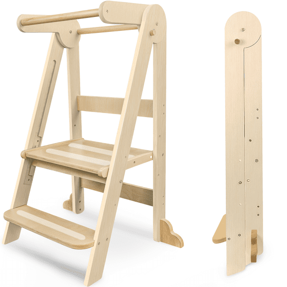 Foldable Toddler Kitchen Standing Tower, Baby Kitchen Helper with Safety Handles, Wooden Step Stool with 3 Adjustable Heights, Montessori Learning Tower for Kitchen Bathroom (Natural)