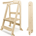 thumbnail image 1 of Foldable Toddler Kitchen Standing Tower, Baby Kitchen Helper with Safety Handles, Wooden Step Stool with 3 Adjustable Heights, Montessori Learning Tower for Kitchen Bathroom (Natural Colour), 1 of 7