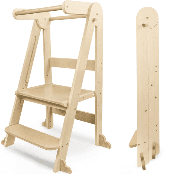 Foldable Toddler Kitchen Standing Tower, Baby Kitchen Helper with Safety Handles, Wooden Step Stool with 3 Adjustable Heights, Montessori Learning Tower for Kitchen Bathroom (Natural Colour)