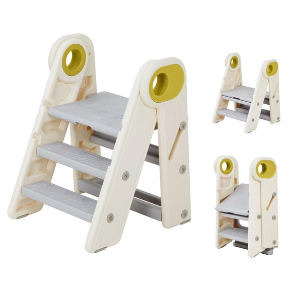 Foldable Toddler Step Stool with 3 Non-Slip Steps, Adjustable Kids Helper Stool with Handles, PE Standing Tower for Bathroom Kitchen