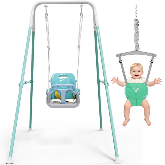 2-in-1 Baby Jumper & Swing, Toddler Swing Outdoor Toys, Baby Swing for Outside, White & Green
