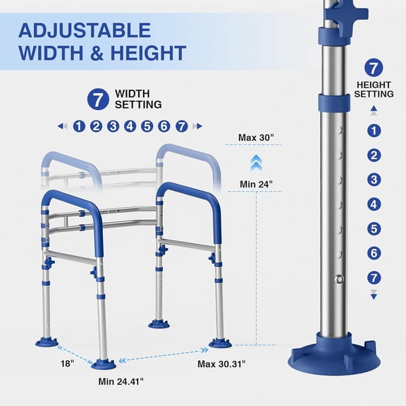 Foldable Toilet Safety Rails for Seniors - Adjustable Toilet Safety Frame & Toilet Handles for Elderly & Disabled, Fits Most Toilets, 350lb Capacity, Blue