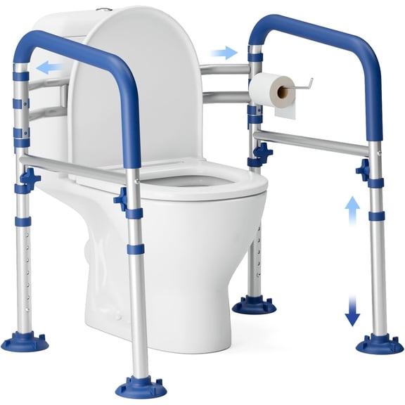 Foldable Toilet Safety Rails for Seniors - Adjustable Toilet Safety Frame & Toilet Handles for Elderly & Disabled, Fits Most Toilets, 350lb Capacity, Blue
