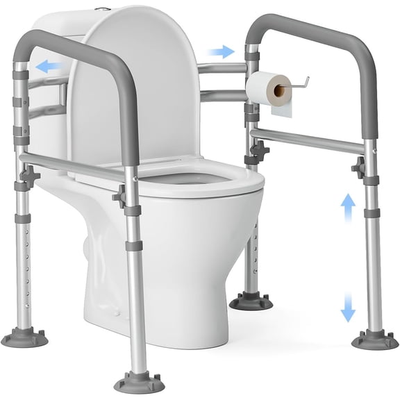 Foldable Toilet Safety Rails for Seniors - Adjustable Toilet Safety Frame & Toilet Handles for Elderly & Disabled, Fits Most Toilets, 350lb Capacity, Gray