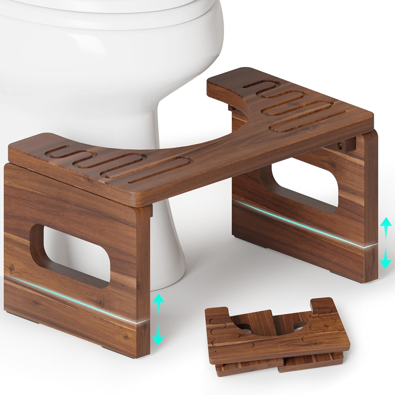Foldable Toilet Stool, 7'' and 9'' Adjustable Heights Acacia Poop Stool ...