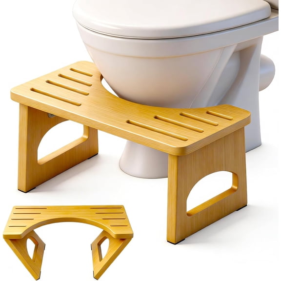 Foldable Toilet Stool, 7 Inch Poop Stool for Bathroom, Bamboo Toilet Stool Squat Adult, Collapsible Squatting Potty Stool with Non-Slip Strip - Improve Squatting Posture and Comfort, Wood