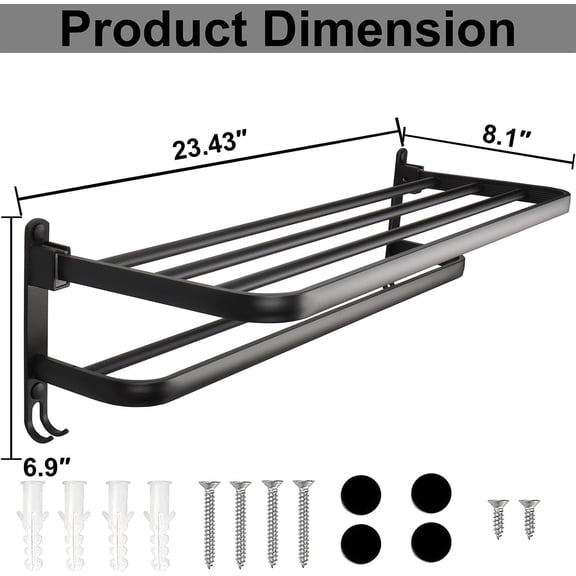 Foldable Towel Rack for Bathroom, Double Bar Wall Mounted Aluminum Tower Shelf Space Saver with Hooks