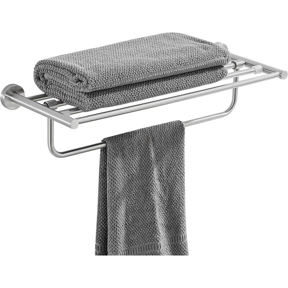 Foldable Towel Rack with Towel Bar Holder, 24 Inch Movable Shelf Storage Wall Mount for Bathroom Lavatory, Matte Black