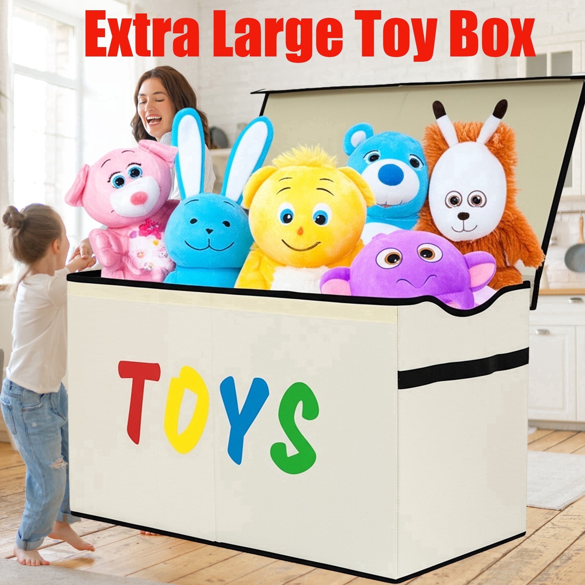 VICTORICH Foldable Toy Box Chest for Kids, 32gal Sturdy Fabric Storage Bin with Lid for Toys, Blankets and Clothes, Beige