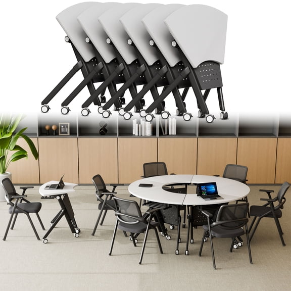 Foldable Training Room Table, Fan-shaped Folding Conference Room Table on Wheels for Office Meeting Room, 35.4"W x 15.7"D