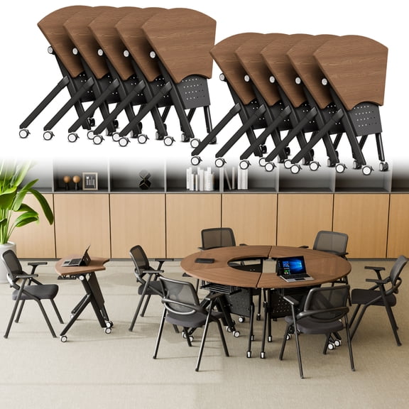 Foldable Training Room Table, Fan-shaped Folding Conference Room Table on Wheels for Office Meeting Room, 35.4"W x 15.7"D