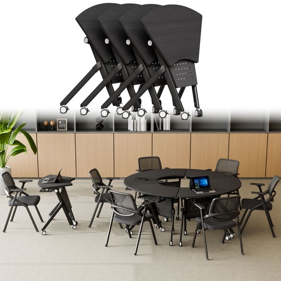 Foldable Training Room Table, Fan-shaped Folding Conference Room Table on Wheels for Office Meeting Room, 35.4"W x 15.7"D