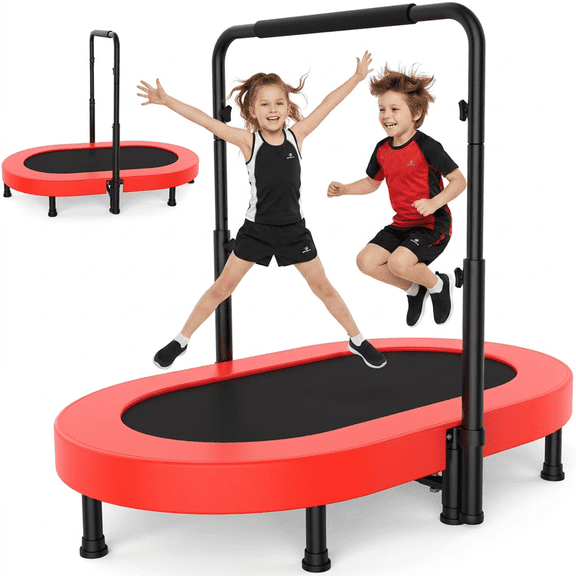 Foldable Mini Trampoline with Adjustable Handle, Parent-Child Rebounder Trampoline Max 220lbs for Kids & Family Exercise