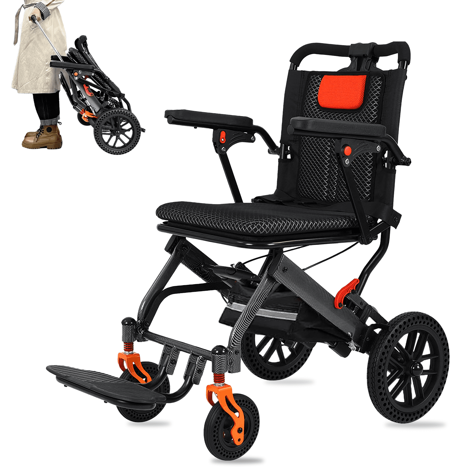 Foldable Transport Wheelchairs for Adults, 10inch Solid PU Tire Lightweight Wheelchair for Elderly, Equipped with Shock Absorption Pump, 220lbs Load Capacity