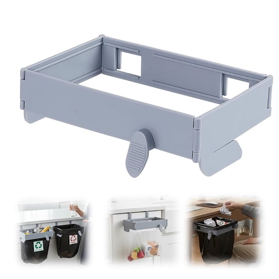 Foldable Trash Can Holder - Wall Mounted Plastic Bag Hanger for Kitchen and Bathroom Cabinet - Odor Proof Countertop Waste Organizer (Grey, 1 Pack)
