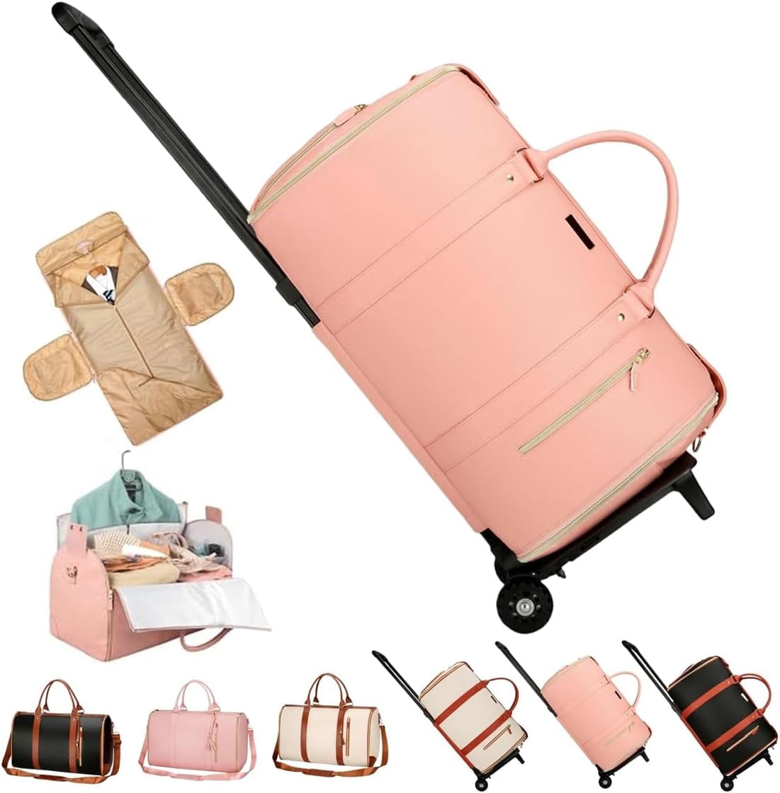 Foldable Travel Bag 2.0 with Wheels, Luxury Travel Bag with Trolley Glide Wheels, Multifunctional 2 in 1 Lightweight Expandable Duffel with Trolley Glide Wheels for Airplane (Pink, With wheels)