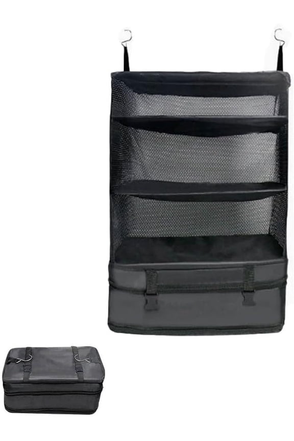 Foldable Travel Bag Portable Travel Organizer with Hanging Shelves, Collapsible Suitcase Organizer Insert with Hooks, Packing Cube Closet System for Luggage, Hotel, Cruise, Business Trips(M)