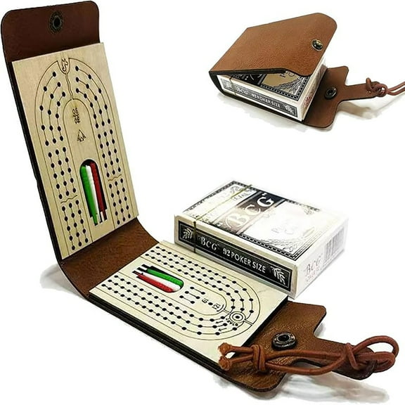 Foldable Travel Cribbage Board Pocket Game Set for Adult, Leather Cribbage Board Set with Cards Storage Area for Cribbage Lovers for Friends, Couples & Coworkers Valentine's Day Gifts