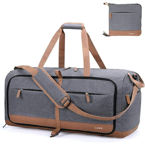 Foldable Travel Duffle Bag for Women, 80L Large Duffel Bag with Separate Shoes Compartments & Straps, Carry On Weekend Bag for Women, Hospital, Overnight (Blue Stripes)