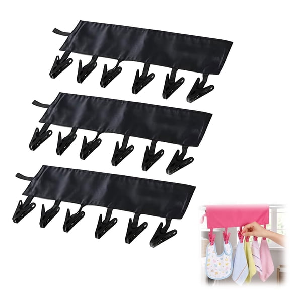 Foldable Travel Hangers 6 Clips - Portable Drying Rack for Suitcase, Compact 3PCS (Black)