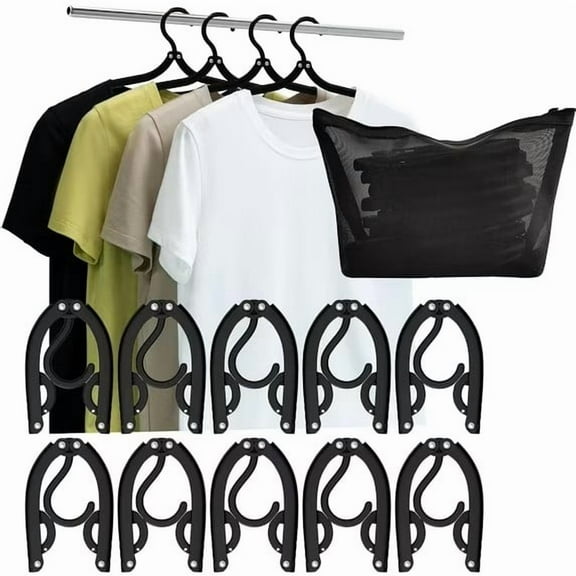 Foldable Travel Hangers Portable Plastic Folding Clothes Hangers Travel Accessories Drying Rack Folding Hangers for Traveling Camping Dormitory School Hotel (10, Black+Bag)