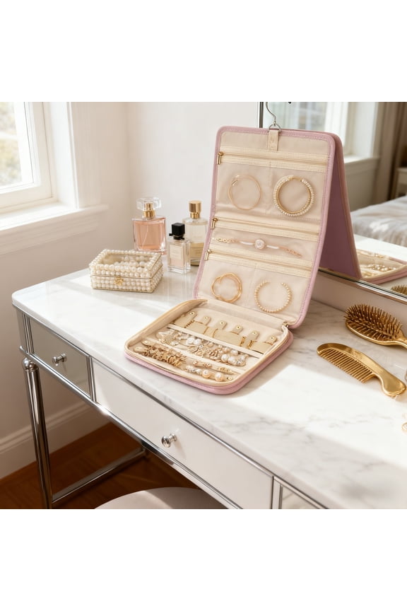 Foldable Travel Jewelry Organizer Bag,Hanging Storage with Zipper Pockets for Rings Necklaces Earrings Bracelets,Large Capacity Lightweight Organizer,Suitable for Travel Home Business Trips-Pink